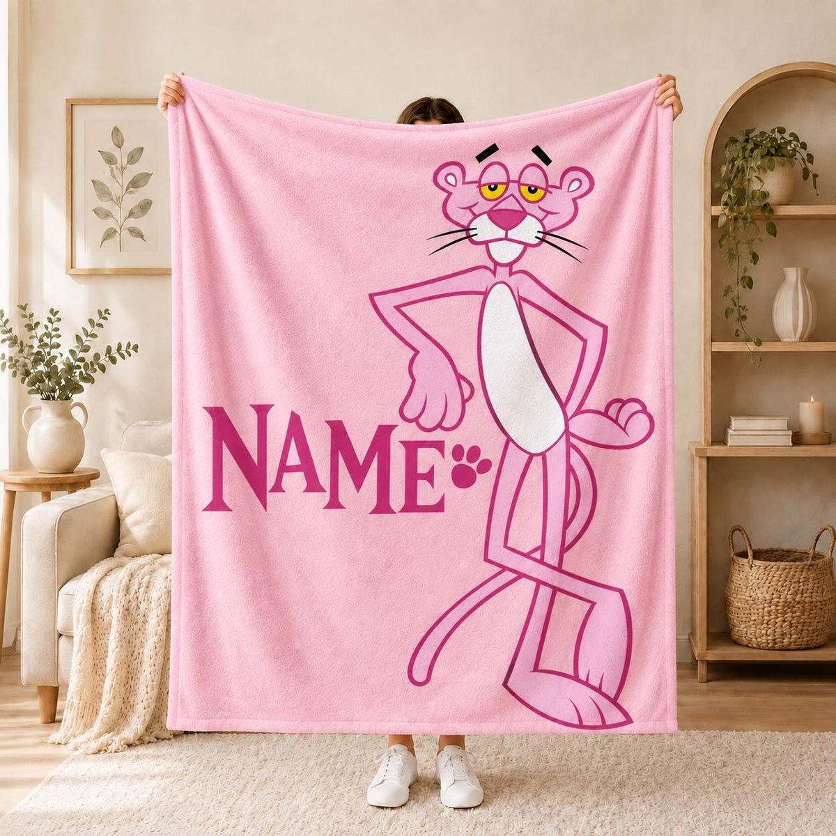 Custom Name Pink Panther Blanket, Retro Cartoon Soft Throw (Peach Skin Fabric)