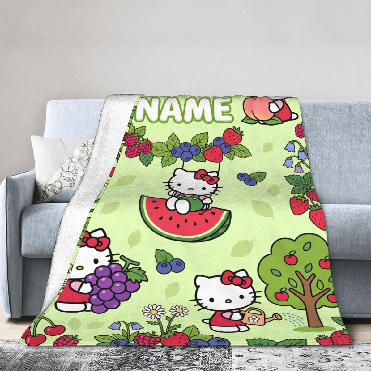 Personalized Orchard Kitty Blanket, Custom Fruit Garden Throw, Cute Kids Nursery Bedding, Birthday Gift for Daughter Girl Flannel Blanket