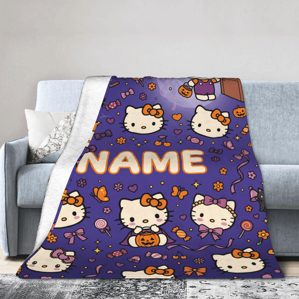 Personalized Halloween Kitty Blanket, Custom Spooky Throw, Cute Witch Kids Bedding Decor, Birthday Gift for Daughter Girl Flannel Blanket