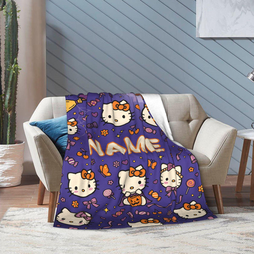 Personalized Halloween Kitty Blanket, Custom Spooky Throw, Cute Witch Kids Bedding Decor, Birthday Gift for Daughter Girl Flannel Blanket