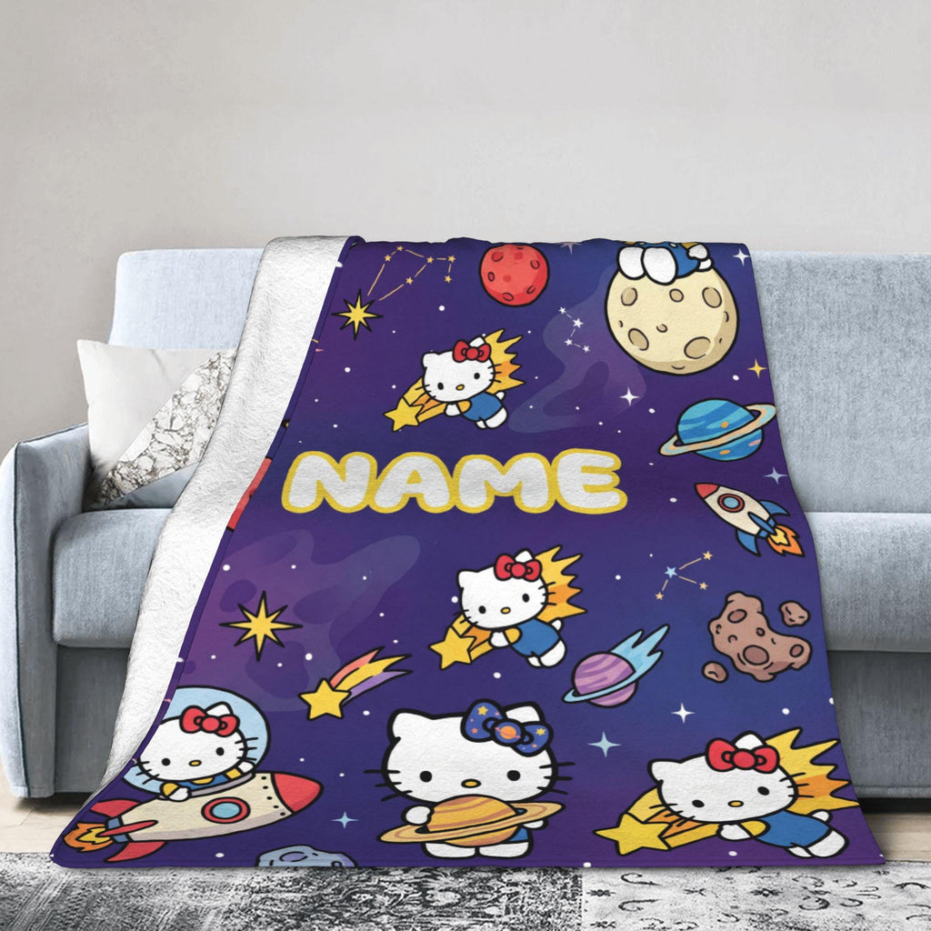 Personalized Space Kitty Blanket, Custom Galaxy Throw, Astronaut Kids Bedroom Bedding, Birthday Gift for Daughter Girl, Flannel Fleece Throw