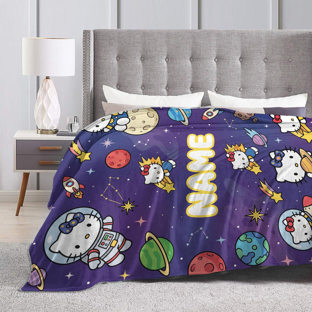Personalized Space Kitty Blanket, Custom Galaxy Throw, Astronaut Kids Bedroom Bedding, Birthday Gift for Daughter Girl, Flannel Fleece Throw