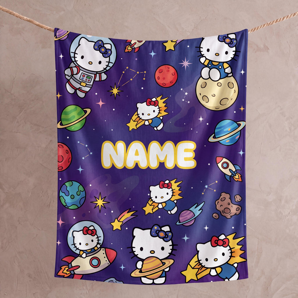 Personalized Space Kitty Blanket, Custom Galaxy Throw, Astronaut Kids Bedroom Bedding, Birthday Gift for Daughter Girl, Flannel Fleece Throw