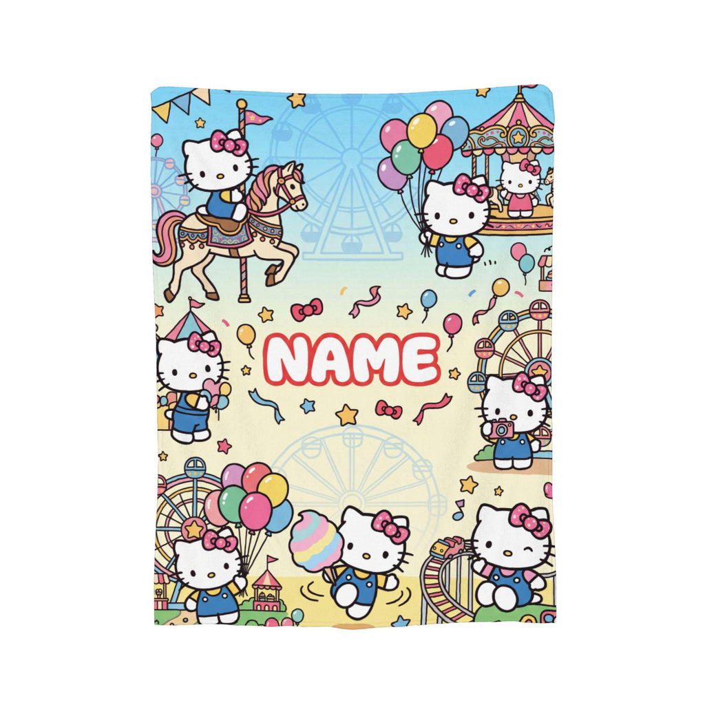 Personalized Carnival Kitty Blanket, Custom Amusement Park Throw, Kids Room Nursery Bedding, Birthday Gift for Daughter Girl Flannel Blanket