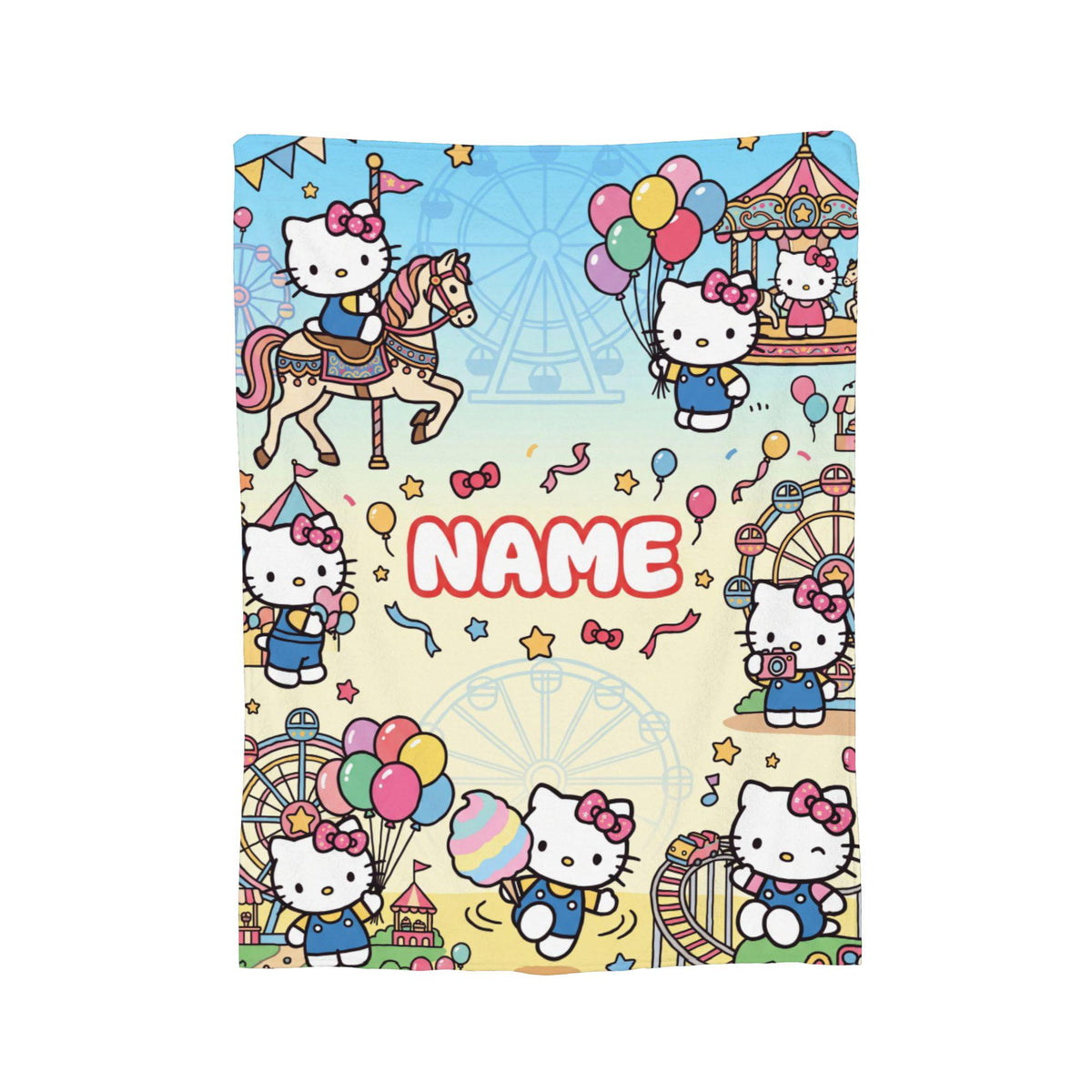 Personalized Carnival Kitty Blanket, Custom Amusement Park Throw, Kids Room Nursery Bedding, Birthday Gift for Daughter Girl Flannel Blanket