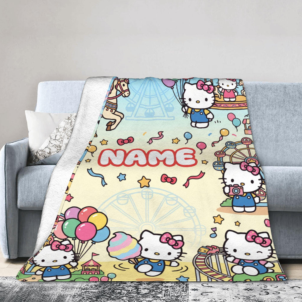 Personalized Carnival Kitty Blanket, Custom Amusement Park Throw, Kids Room Nursery Bedding, Birthday Gift for Daughter Girl Flannel Blanket