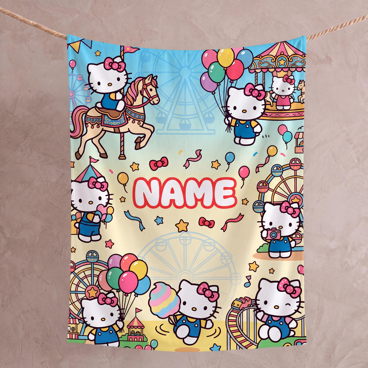 Personalized Carnival Kitty Blanket, Custom Amusement Park Throw, Kids Room Nursery Bedding, Birthday Gift for Daughter Girl Flannel Blanket