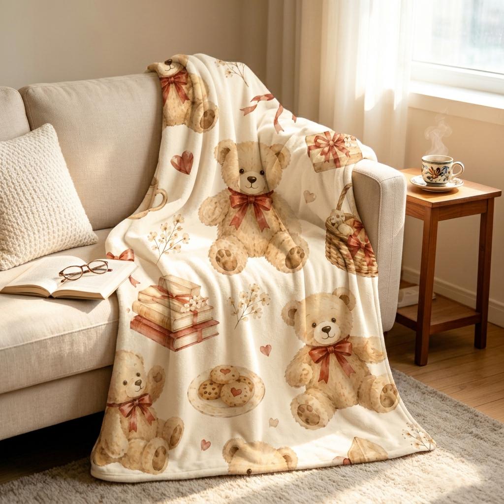 Teddy Bear Lover Blanket, Vintage Plush Throw, Watercolor Floral Flannel, Cozy Home Decor, Gift for Her Her Child