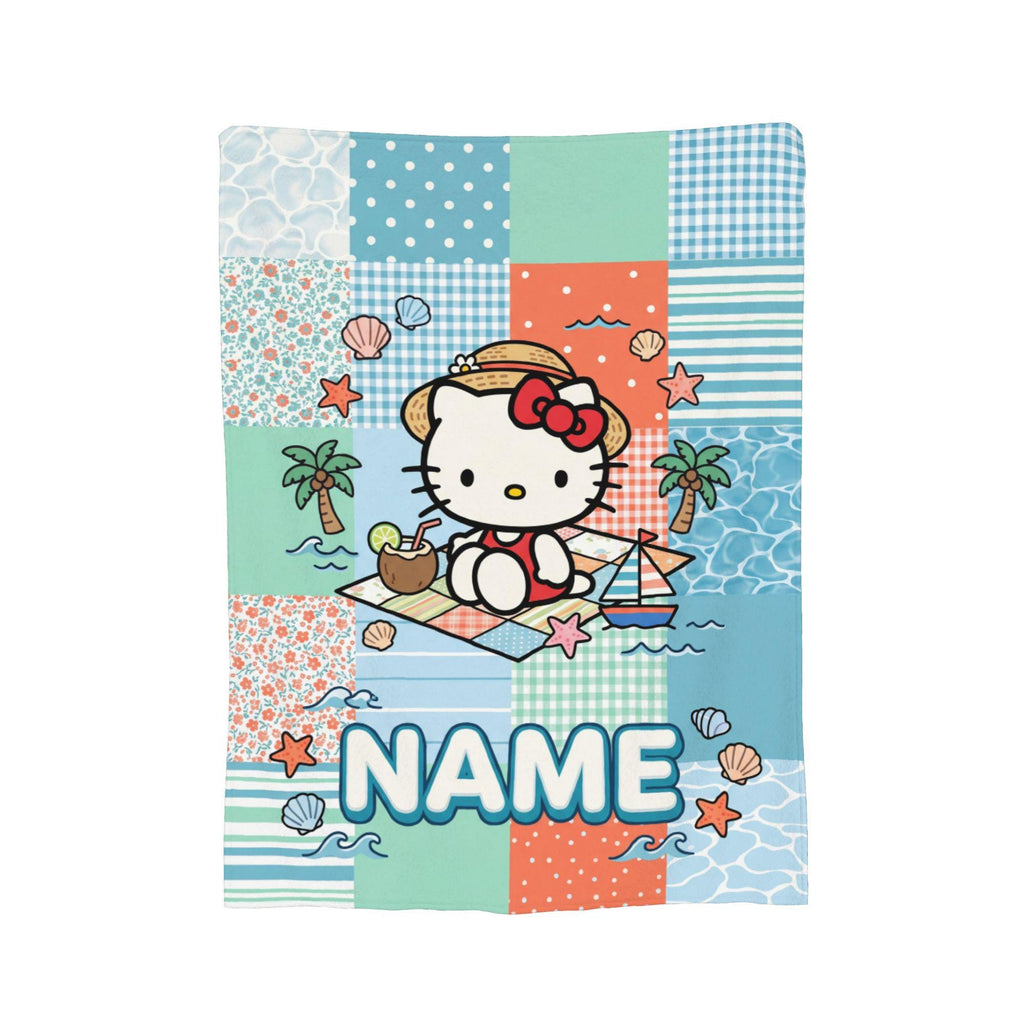Personalized Coastal Kitty Blanket, Beach Quilt Throw, Cute Summer Nursery Kids Bedding, Birthday Gift for Daughter Girl Flannel Blanket