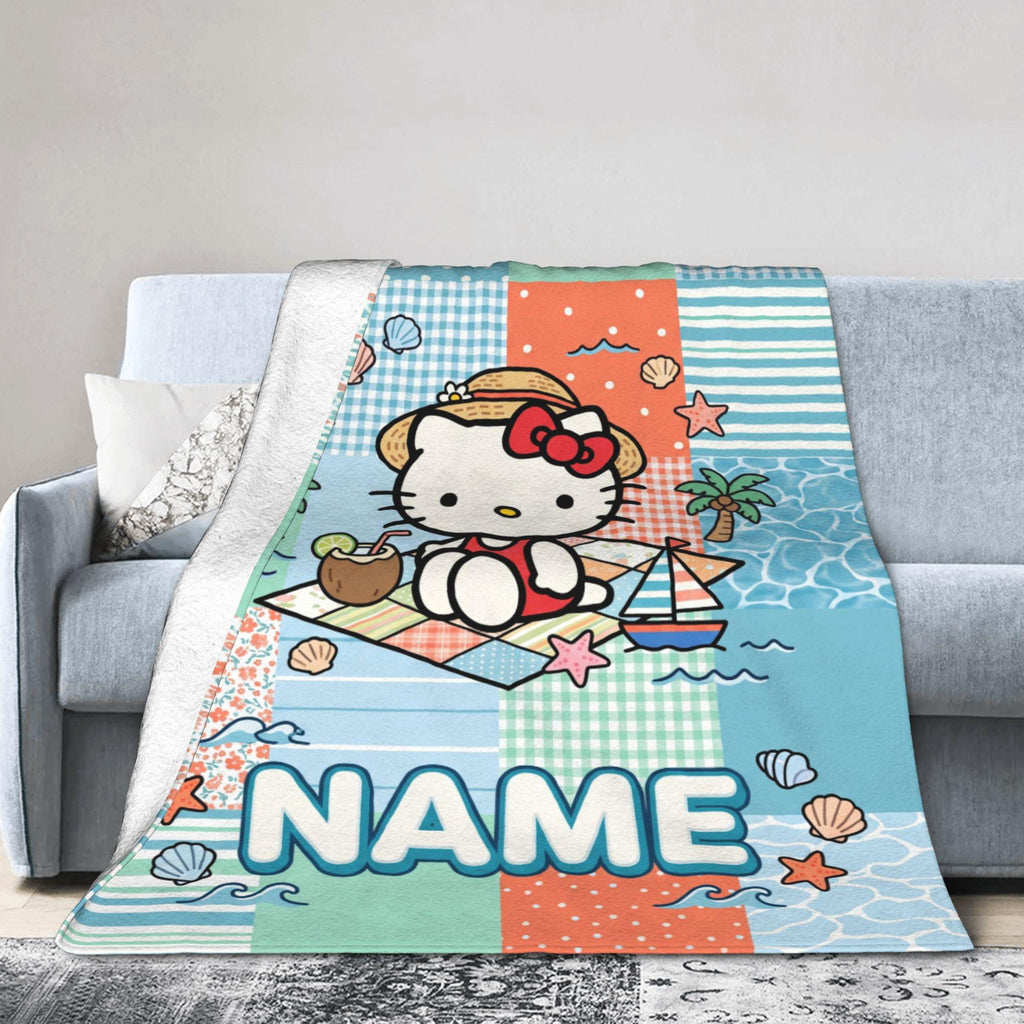 Personalized Coastal Kitty Blanket, Beach Quilt Throw, Cute Summer Nursery Kids Bedding, Birthday Gift for Daughter Girl Flannel Blanket