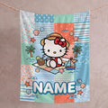 Personalized Coastal Kitty Blanket, Beach Quilt Throw, Cute Summer Nursery Kids Bedding, Birthday Gift for Daughter Girl Flannel Blanket