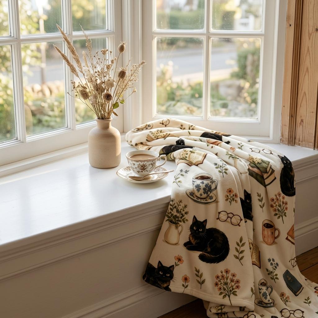 Cozy Bookish Throw, Vintage Black Cat Flannel, Coffee Books Blanket, Cottagecore Decor, Perfect Gift for Reader Girl