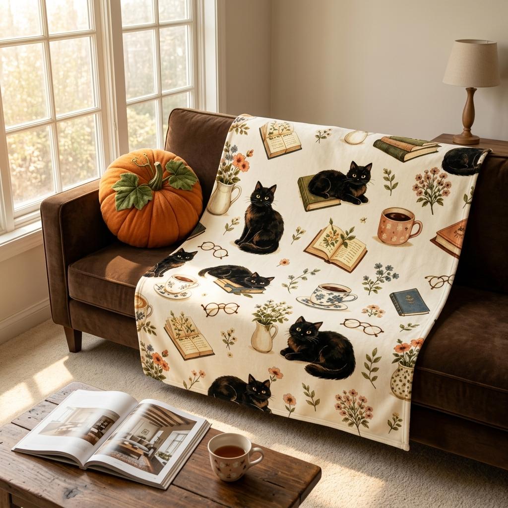 Cozy Bookish Throw, Vintage Black Cat Flannel, Coffee Books Blanket, Cottagecore Decor, Perfect Gift for Reader Girl