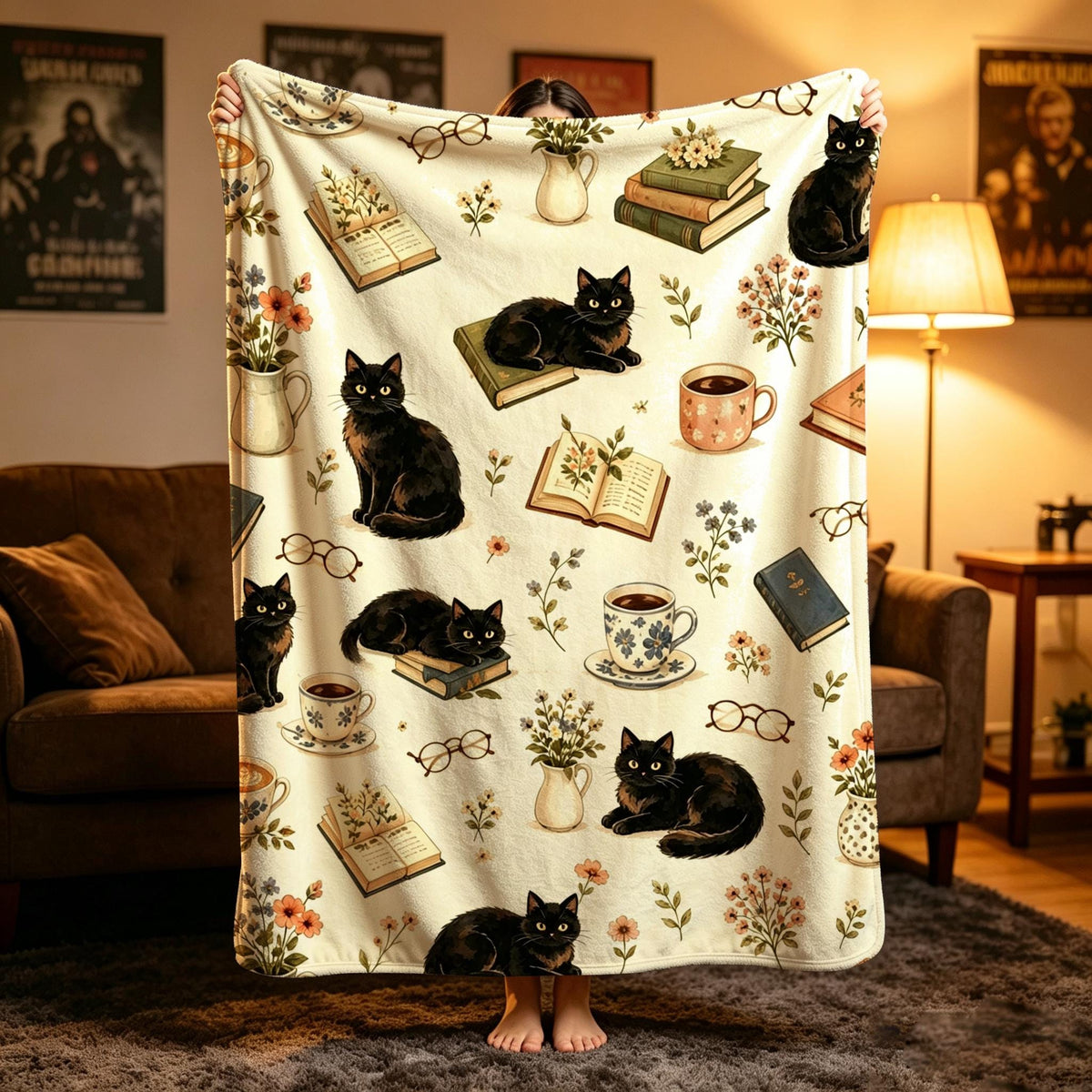 Cozy Bookish Throw, Vintage Black Cat Flannel, Coffee Books Blanket, Cottagecore Decor, Perfect Gift for Reader Girl