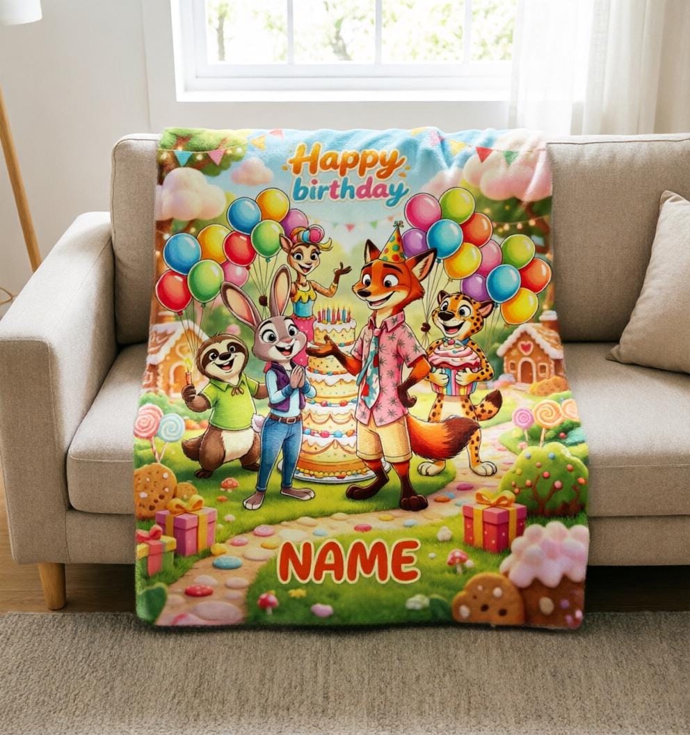Custom Name Zootopia Birthday Blanket Soft Throw, Personalized Kids Cartoon Birthday Gift