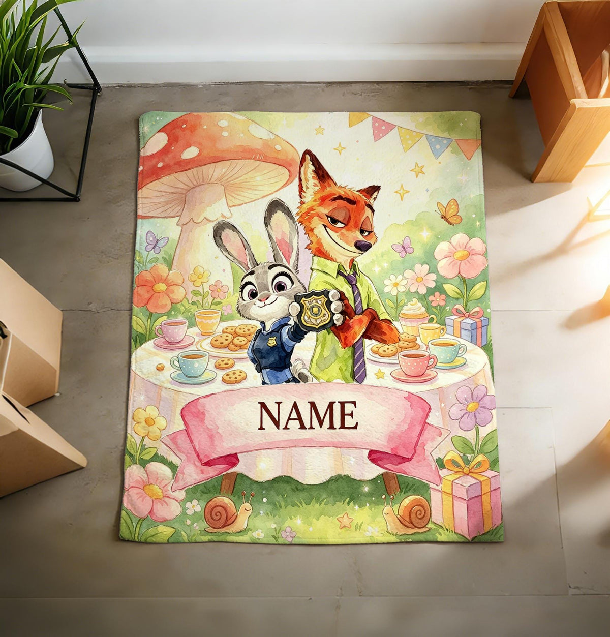 Custom Name Zootopia Watercolor Blanket Soft Throw, Personalized Kids Themed Keepsake Gift