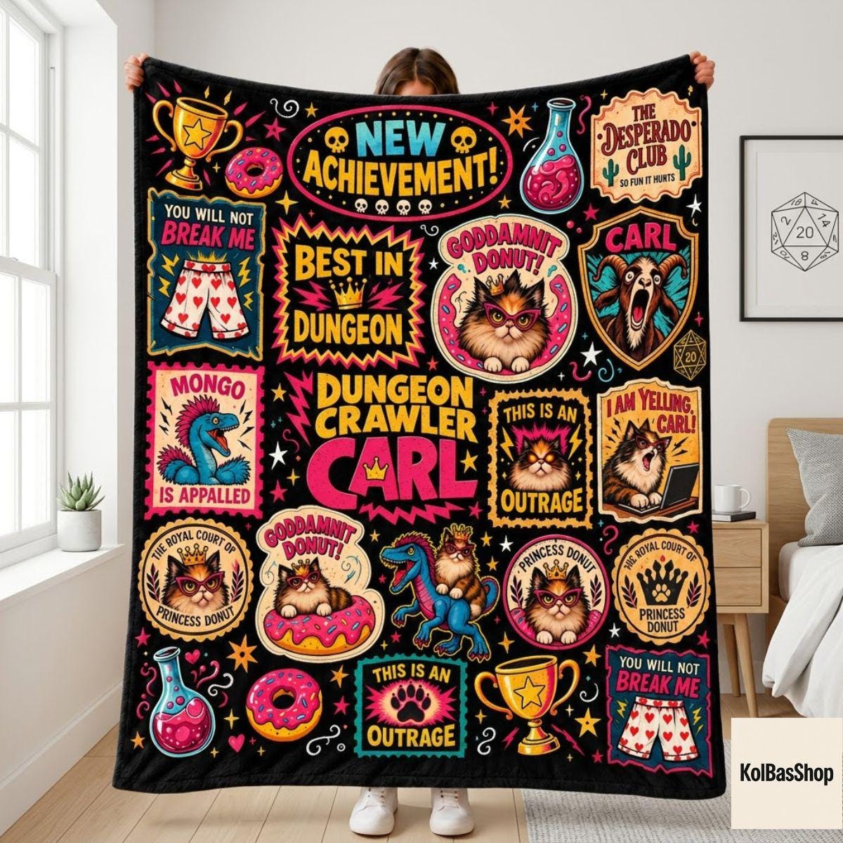 Funny Dungeon Crawler Carl Blanket, Princess Donut and Mongo Throw, LitRPG Book Lover Gift, Fantasy Reader Fleece Blanket, Christmas Gift