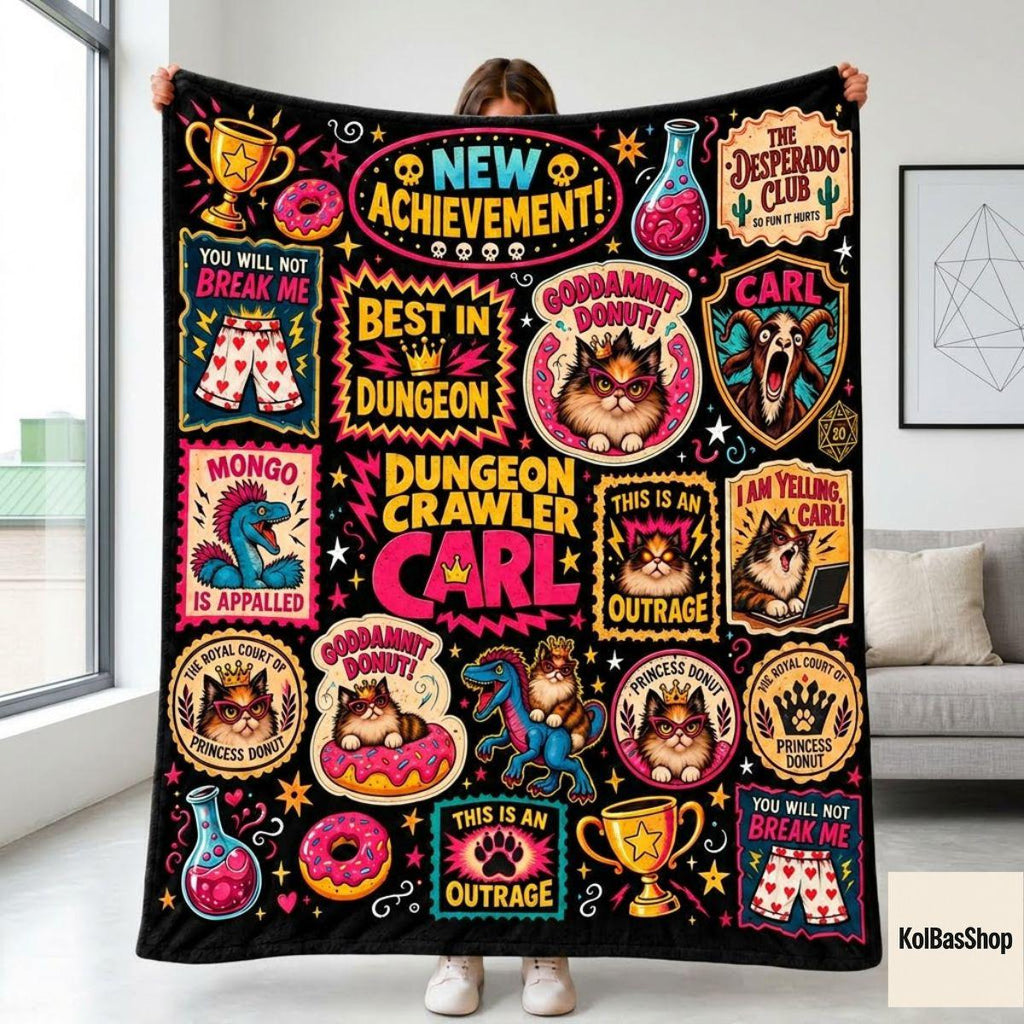 Funny Dungeon Crawler Carl Blanket, Princess Donut and Mongo Throw, LitRPG Book Lover Gift, Fantasy Reader Fleece Blanket, Christmas Gift