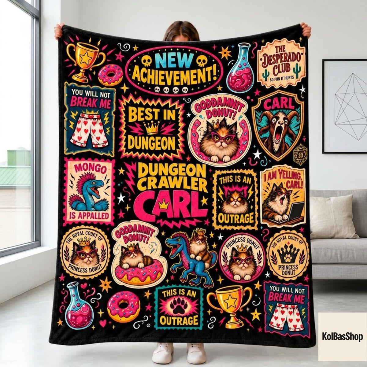 Funny Dungeon Crawler Carl Blanket, Princess Donut and Mongo Throw, LitRPG Book Lover Gift, Fantasy Reader Fleece Blanket, Christmas Gift