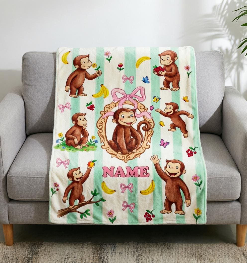 Custom Name Curious George Blanket Soft Throw, Sweet Monkey Nursery Kid Keepsake Gift