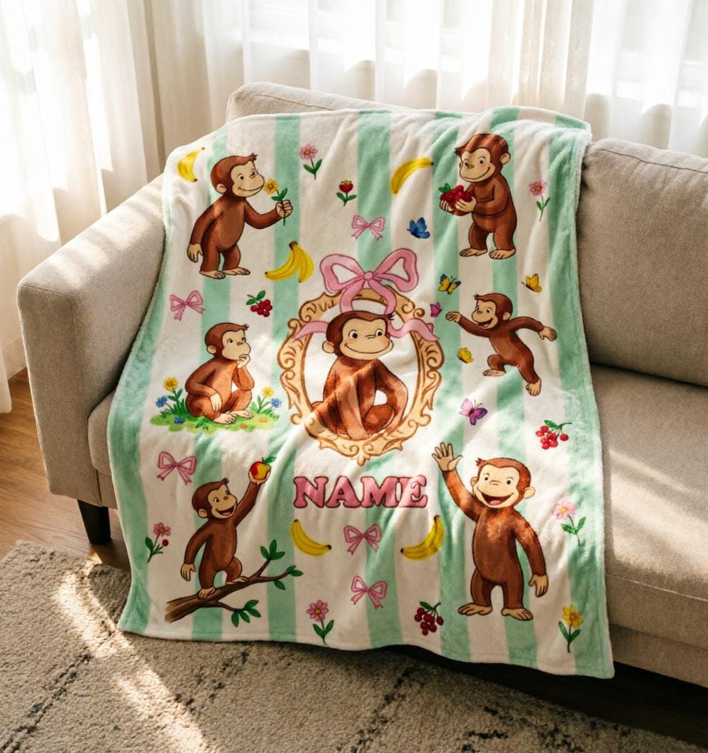 Custom Name Curious George Blanket Soft Throw, Sweet Monkey Nursery Kid Keepsake Gift
