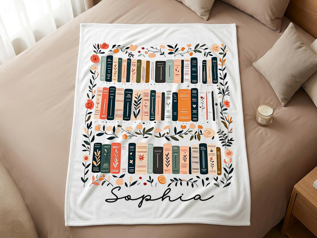 Personalized Book Lover Blanket, Custom Name Bookshelf Blanket, Christmas Gift for Reader, Bookish Gift for Her