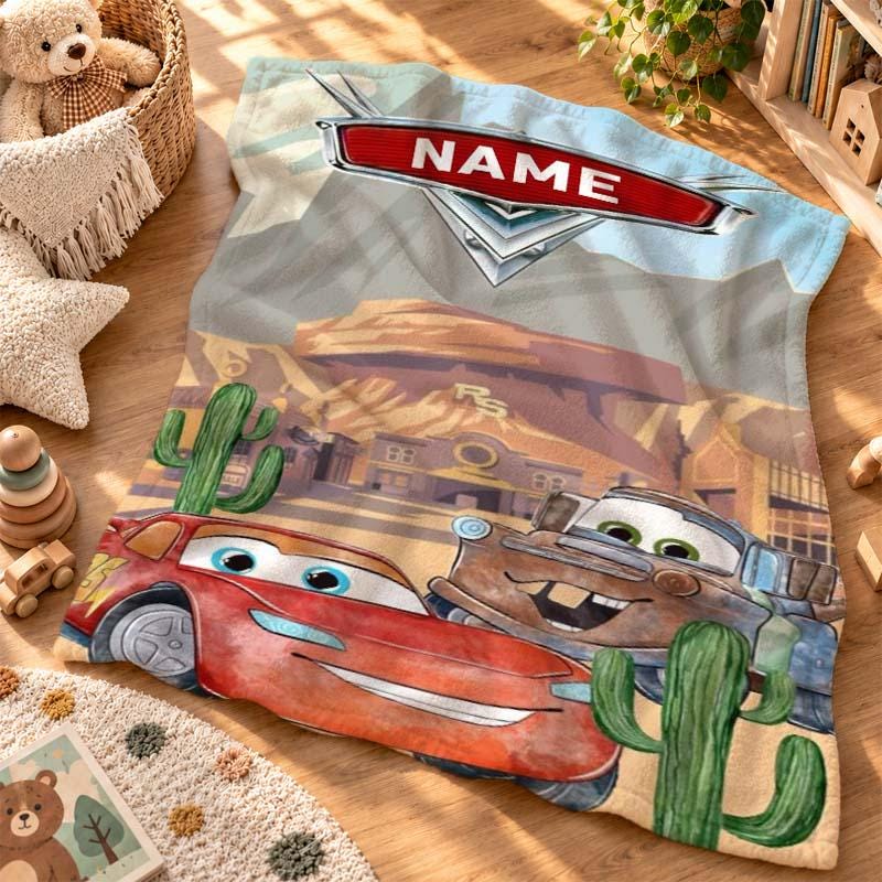 Personalized Cars Blanket, Lightning McQueen & Mater, Custom Name Fleece Throw (Kids Gift)
