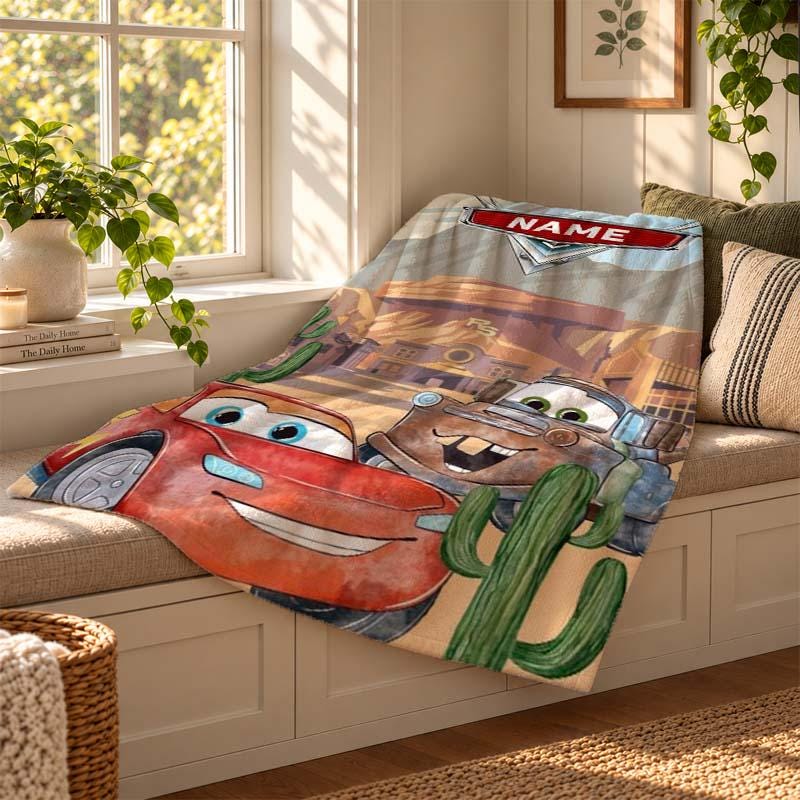 Personalized Cars Blanket, Lightning McQueen & Mater, Custom Name Fleece Throw (Kids Gift)