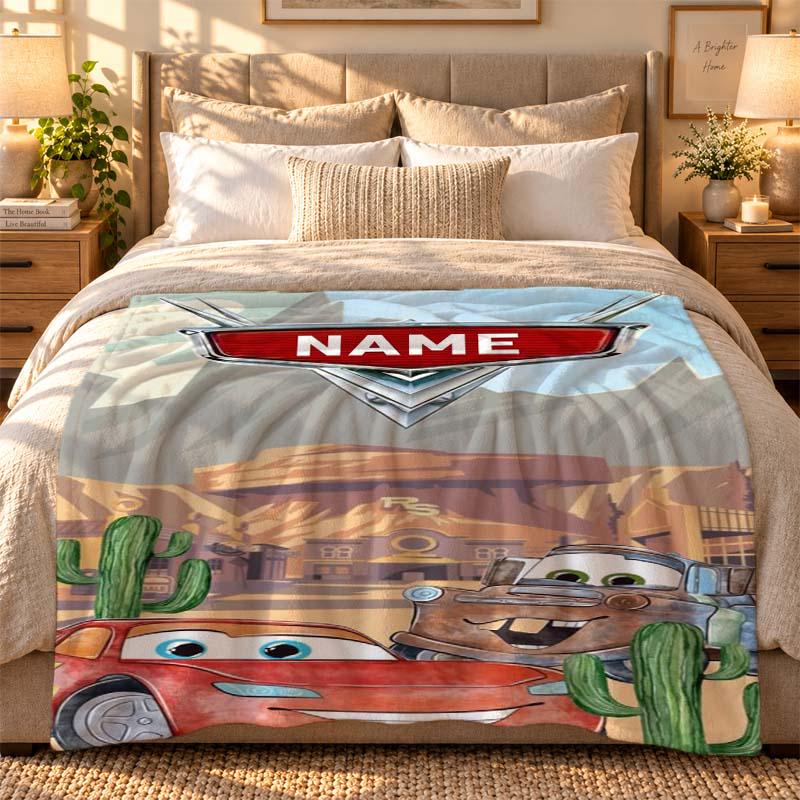 Personalized Cars Blanket, Lightning McQueen & Mater, Custom Name Fleece Throw (Kids Gift)