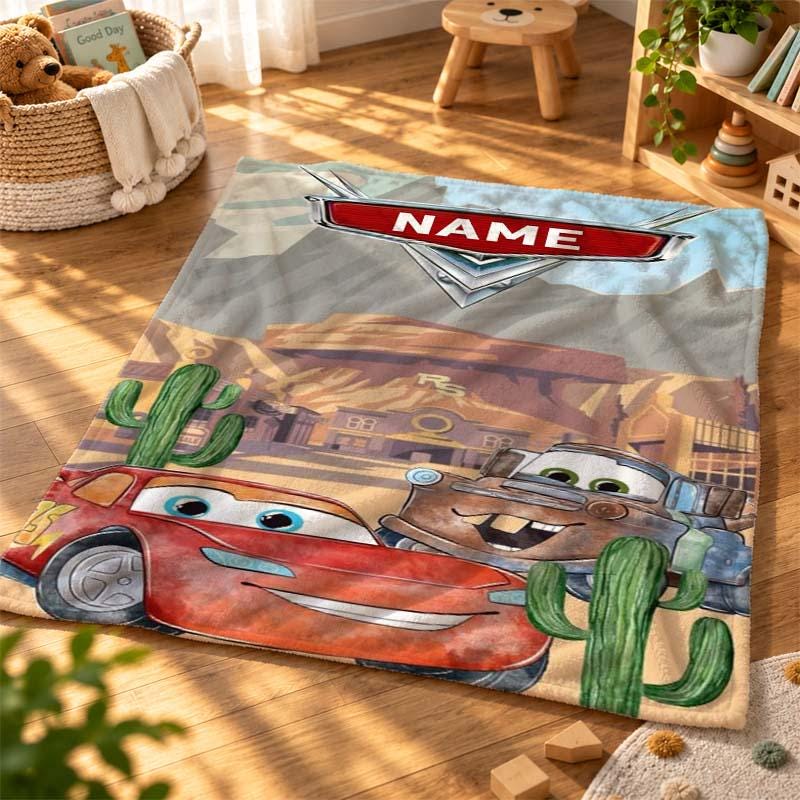 Personalized Cars Blanket, Lightning McQueen & Mater, Custom Name Fleece Throw (Kids Gift)