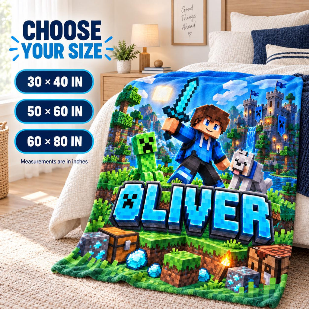 Personalized Gamer Blanket, Custom Name Pixel Gaming Kids Blanket