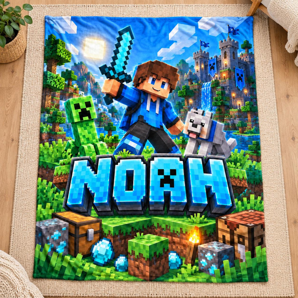 Personalized Gamer Blanket, Custom Name Pixel Gaming Kids Blanket