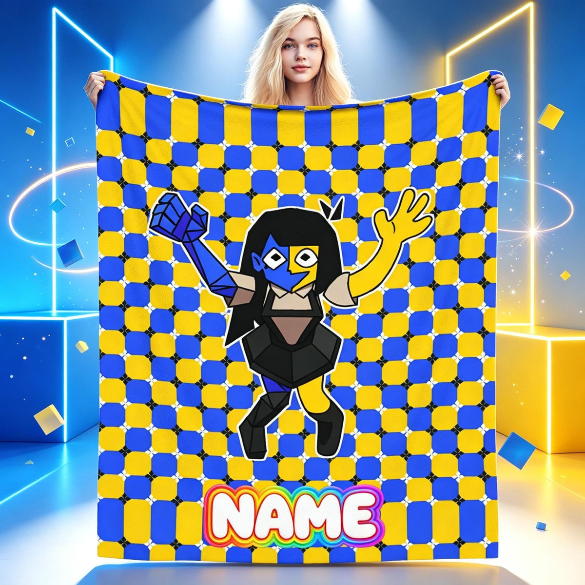 Personalized Abstract Character Blanket, Custom Name Flannel Throw, Blue Yellow Checker Blanket, Surreal Cartoon Gift for Teens