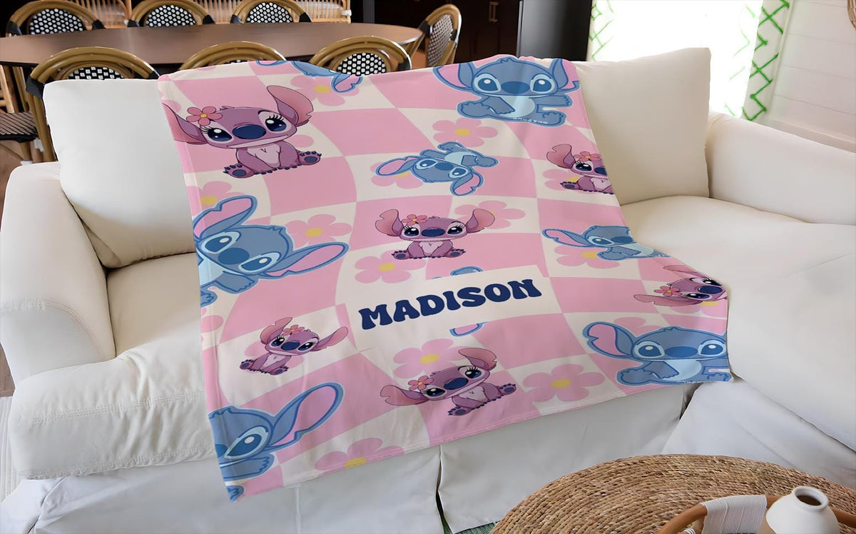 Personalized Stitch Blanket, Custom Blue Alien Throw with Name, Cute Tropical Cartoon Blanket, Disney Inspired Gift, Cozy Kids Blanket,