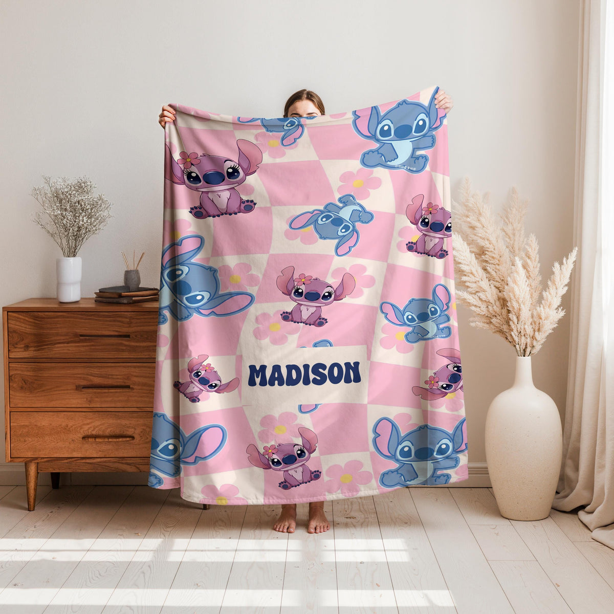 Personalized Stitch Blanket, Custom Blue Alien Throw with Name, Cute Tropical Cartoon Blanket, Disney Inspired Gift, Cozy Kids Blanket,