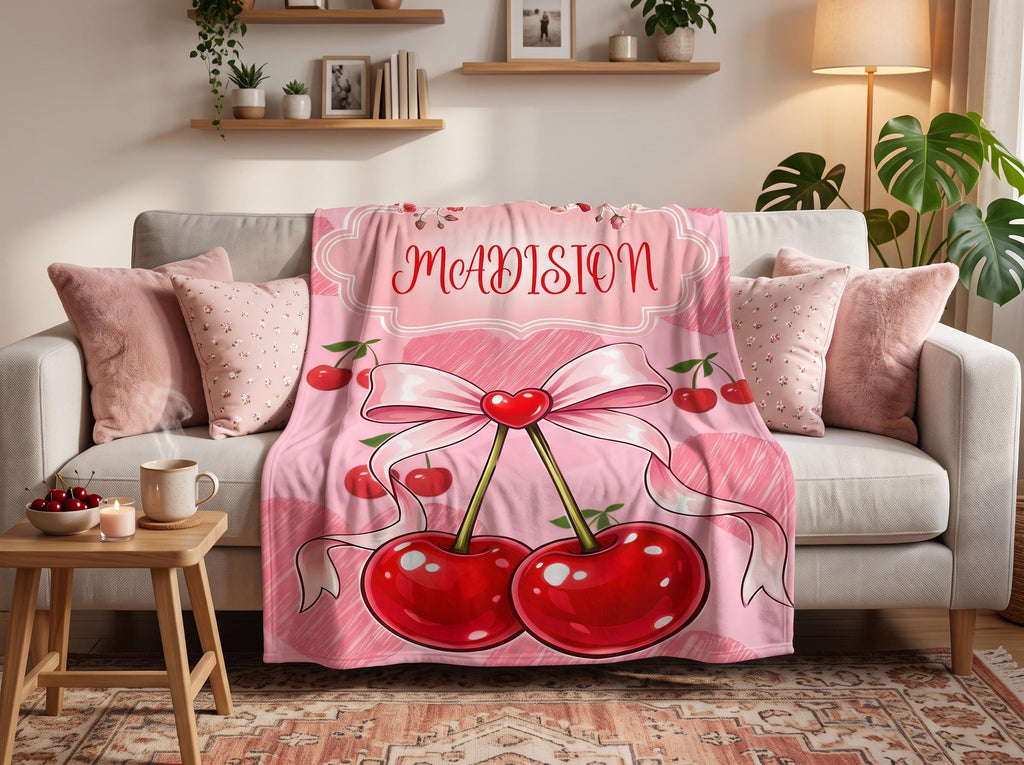 Personalized Cherry Blanket, Custom Cherry Throw with Name, Red Cherry Pattern Blanket, Cute Coquette Gift, Kawaii Cozy Blanket