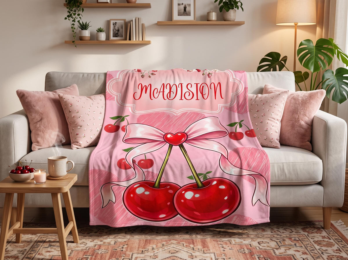 Personalized Cherry Blanket, Custom Cherry Throw with Name, Red Cherry Pattern Blanket, Cute Coquette Gift, Kawaii Cozy Blanket