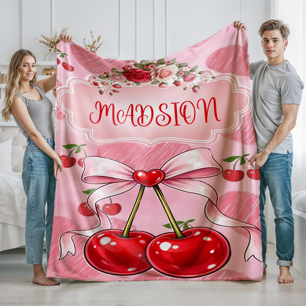 Personalized Cherry Blanket, Custom Cherry Throw with Name, Red Cherry Pattern Blanket, Cute Coquette Gift, Kawaii Cozy Blanket