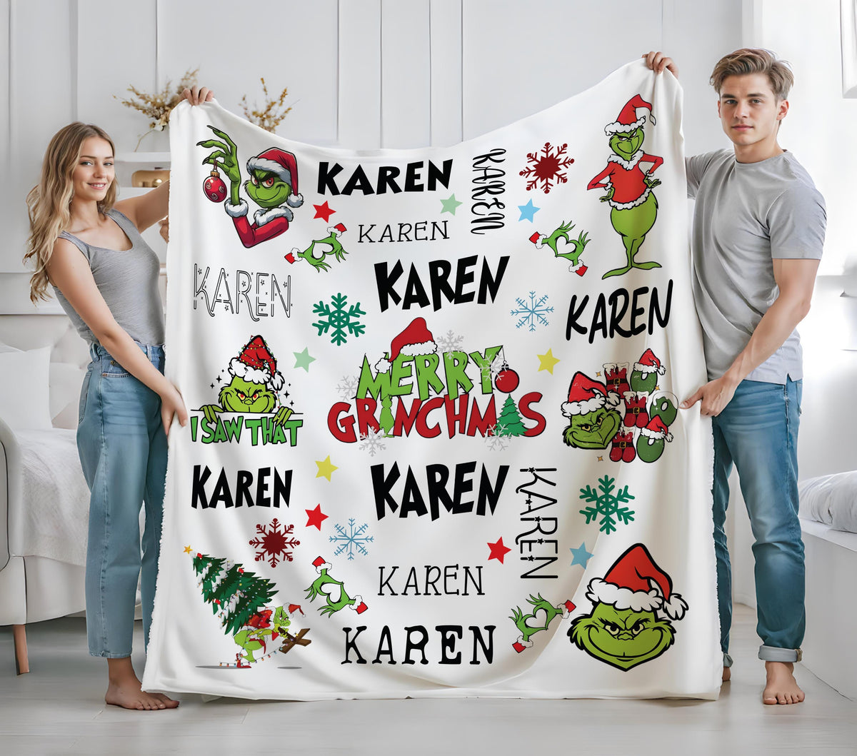Personalized Grinch Christmas Blanket, Custom Name Grinch Throw, Grinch Family Gift, Christmas Blanket, Holiday Winter Decor