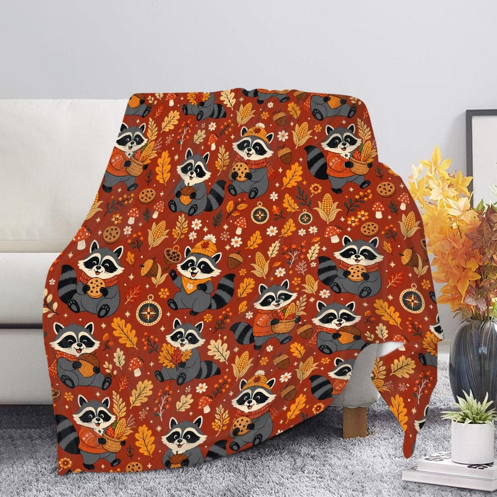 Fall Raccoon Blanket, Cute Autumn Forest Animal Throw, Cozy Fleece Blanket, Thanksgiving Cabin Decor, Gift for Her