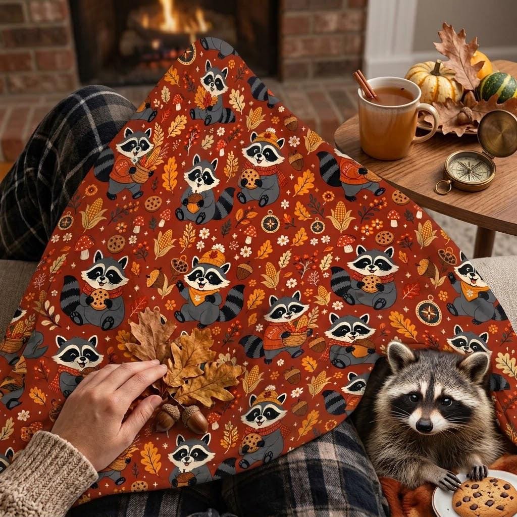 Fall Raccoon Blanket, Cute Autumn Forest Animal Throw, Cozy Fleece Blanket, Thanksgiving Cabin Decor, Gift for Her