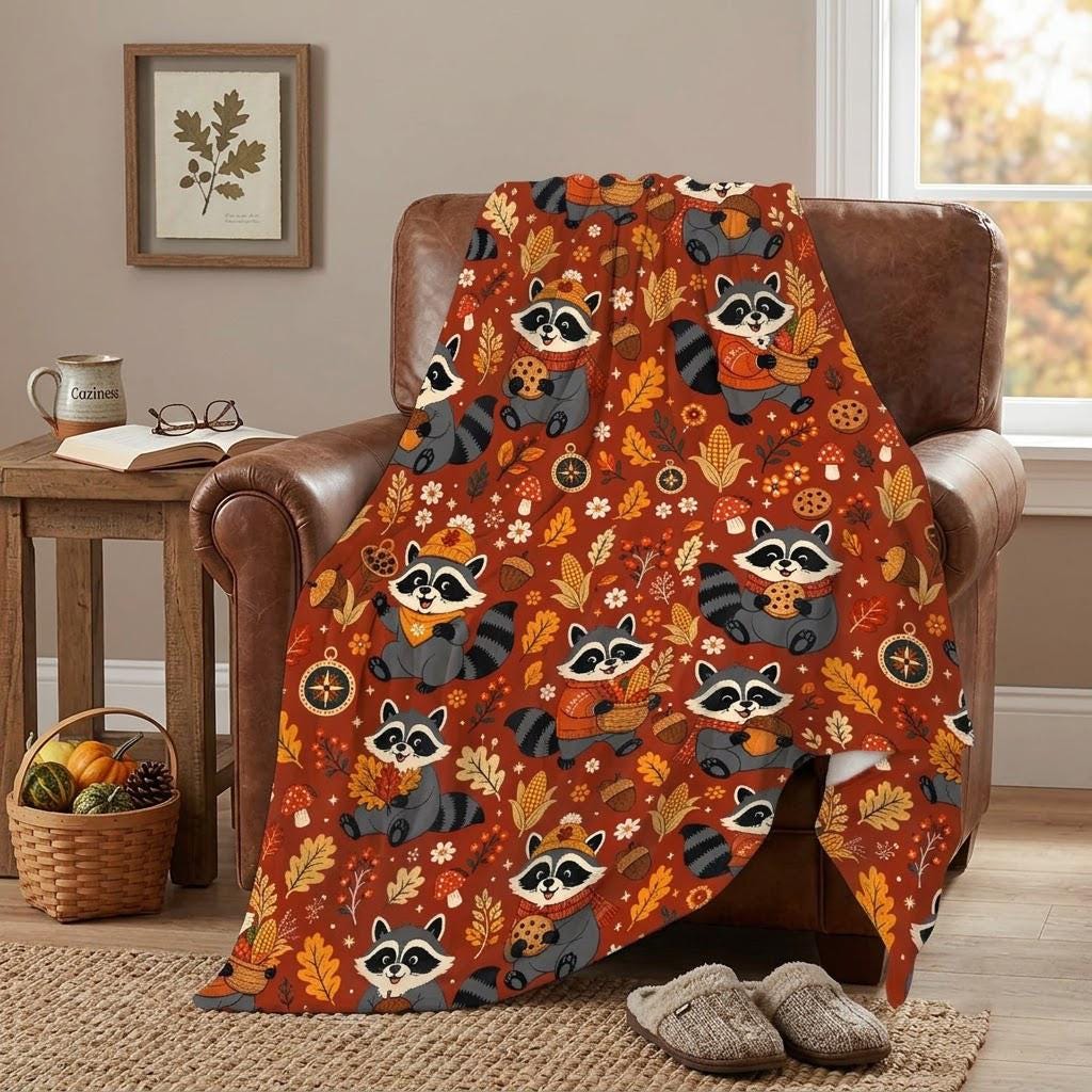 Fall Raccoon Blanket, Cute Autumn Forest Animal Throw, Cozy Fleece Blanket, Thanksgiving Cabin Decor, Gift for Her