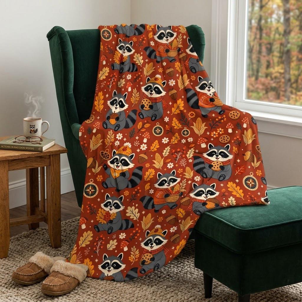 Fall Raccoon Blanket, Cute Autumn Forest Animal Throw, Cozy Fleece Blanket, Thanksgiving Cabin Decor, Gift for Her