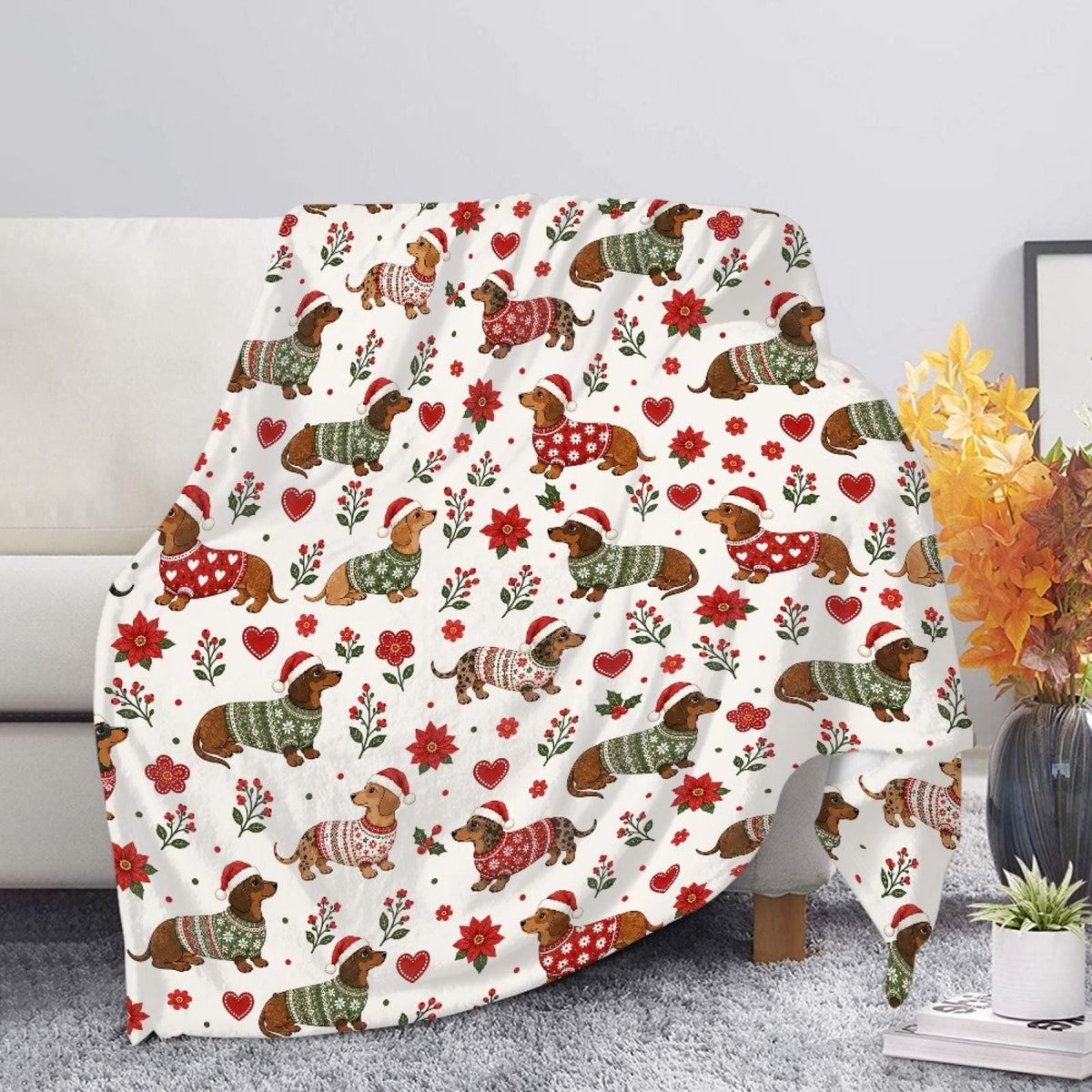 Christmas Dachshund Blanket, Cute Wiener Dog Holiday Throw, Soft Fleece Xmas Blanket, Cozy Christmas Gift for Dog Lover