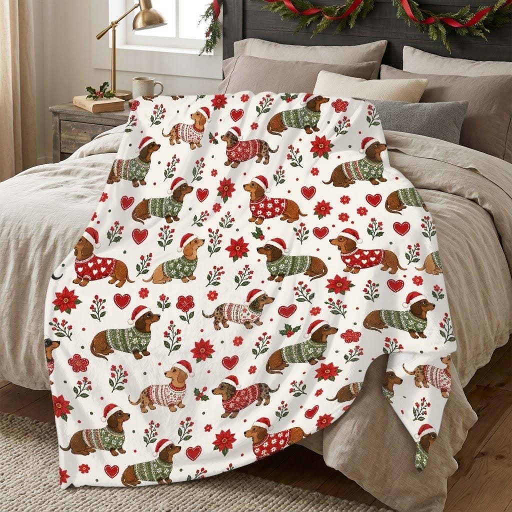 Christmas Dachshund Blanket, Cute Wiener Dog Holiday Throw, Soft Fleece Xmas Blanket, Cozy Christmas Gift for Dog Lover
