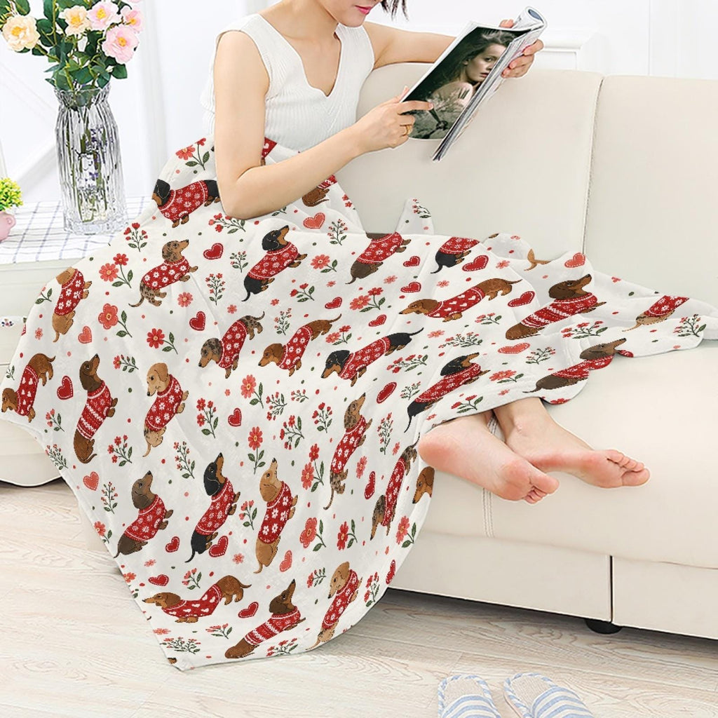 Dachshund Heart Blanket, Valentine Wiener Dog Throw, Red Heart Fleece Blanket, Cozy Dog Lover Gift, Anniversary Gift