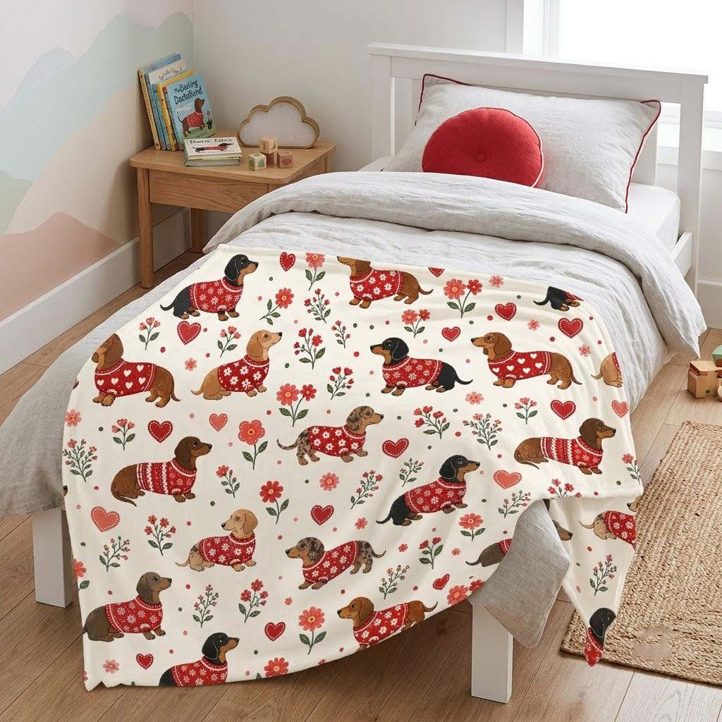 Dachshund Heart Blanket, Valentine Wiener Dog Throw, Red Heart Fleece Blanket, Cozy Dog Lover Gift, Anniversary Gift