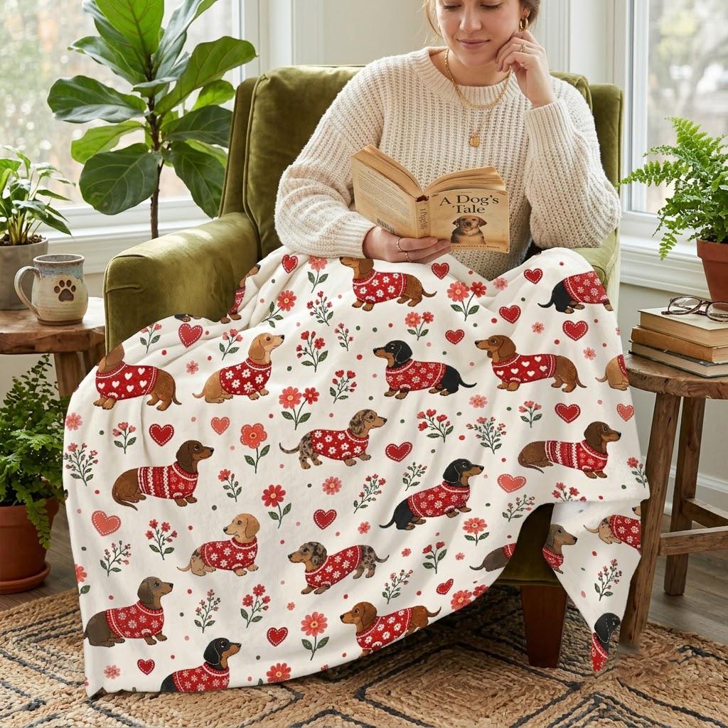 Dachshund Heart Blanket, Valentine Wiener Dog Throw, Red Heart Fleece Blanket, Cozy Dog Lover Gift, Anniversary Gift