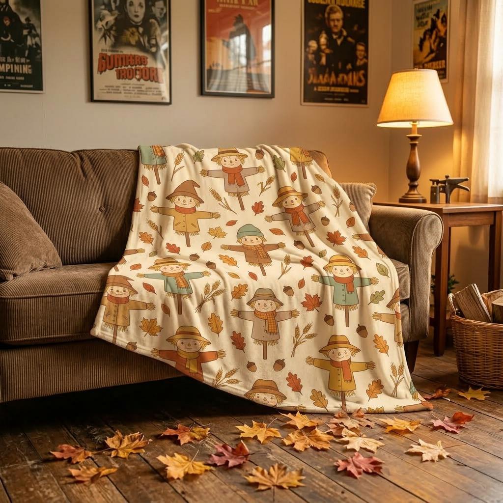 Cute Scarecrow Blanket, Fall Season Flannel Throw, Watercolor Acorn Decor, Soft Fleece Home Accent, Gift for Nature Lover