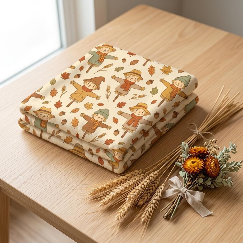 Cute Scarecrow Blanket, Fall Season Flannel Throw, Watercolor Acorn Decor, Soft Fleece Home Accent, Gift for Nature Lover